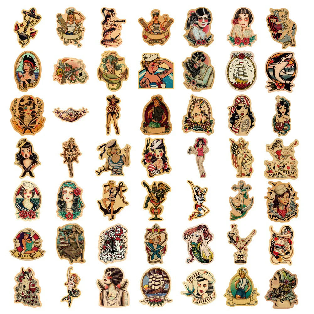 10/30/50/100pcs Retro Old School Tattoo Style Stickers  Skateboard Car Phone Bike Laptop Luggage Sexy Girl Waterproof Sticker (ONLINE ORDER ONLY)