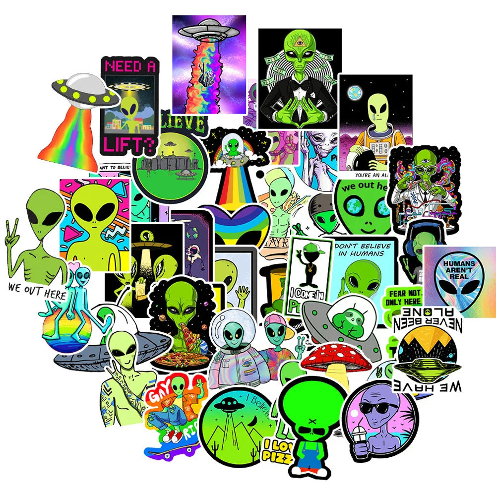 10/30/50PCS Alien UFO Anime Stickers Laptop Guitar Luggage Fridge Phone Bike Waterproof Graffiti Sticker Decal Kid Classic Toys (ONLINE ORDER ONLY)