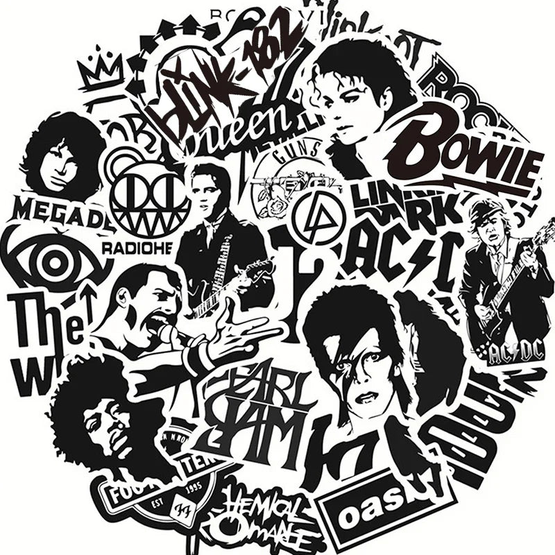10/30/50Pcs Black and White Rock Band Stickers DIY Waterproof Skateboard Guitar Motorcycle Luggage Graffiti Cool Sticker Kid Toy (Online Order Only)