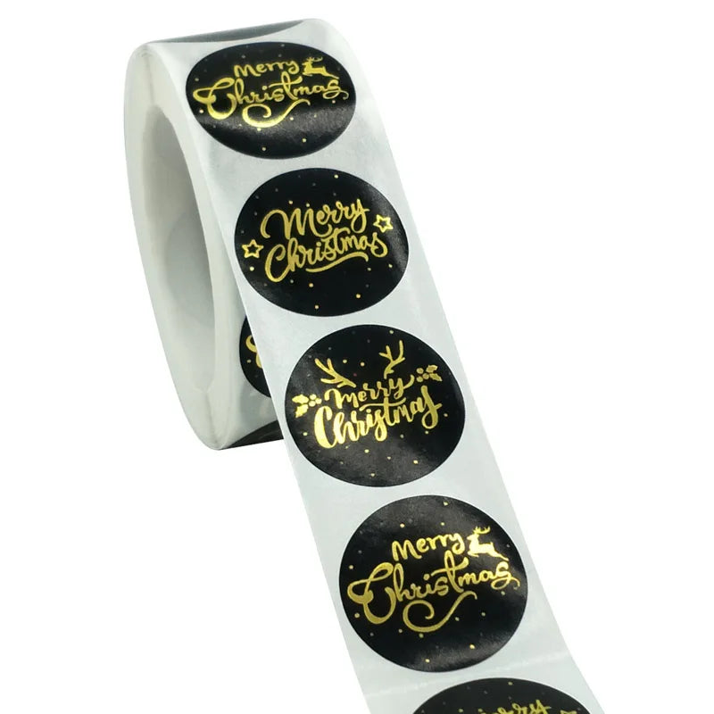 Merry Christmas Stickers 100-500pcs Round Golden Plated Stickers Gift Candy Box Homemade Cookies Bag Sealing Decoration Decals (Online Order Only)