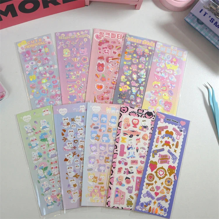 Cute ins Bear Rabbit Laser Sticker Scrapbooking Decorative Sticker Korean Hand Account DIY Diary Album Stick Label Stationery (Online Order Only)