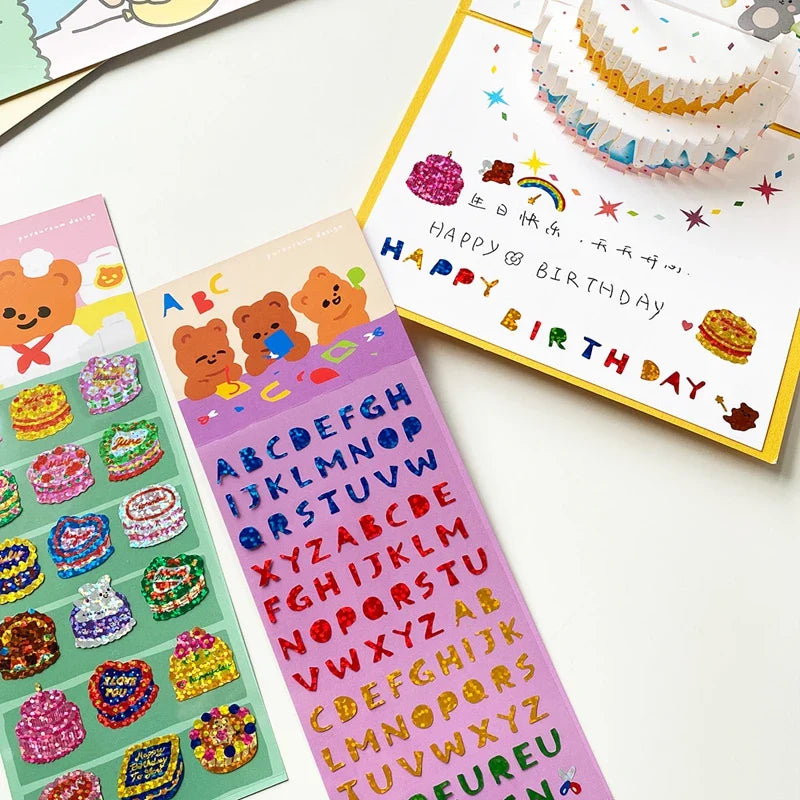 Ins Cute Cake Letter Bear Ribbon Laser Stickers Scrapbooking Decorative Sticker Korean DIY Diary Album Stick Label (Online Order Only)