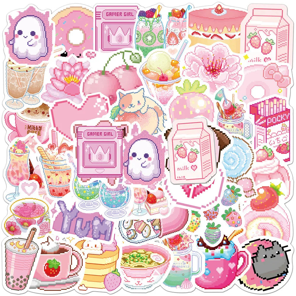 Cute Pink Pixel Cartoon Stickers Waterproof Decals for Bike, Luggage, Laptop, Kid Toy (Online Order Only)