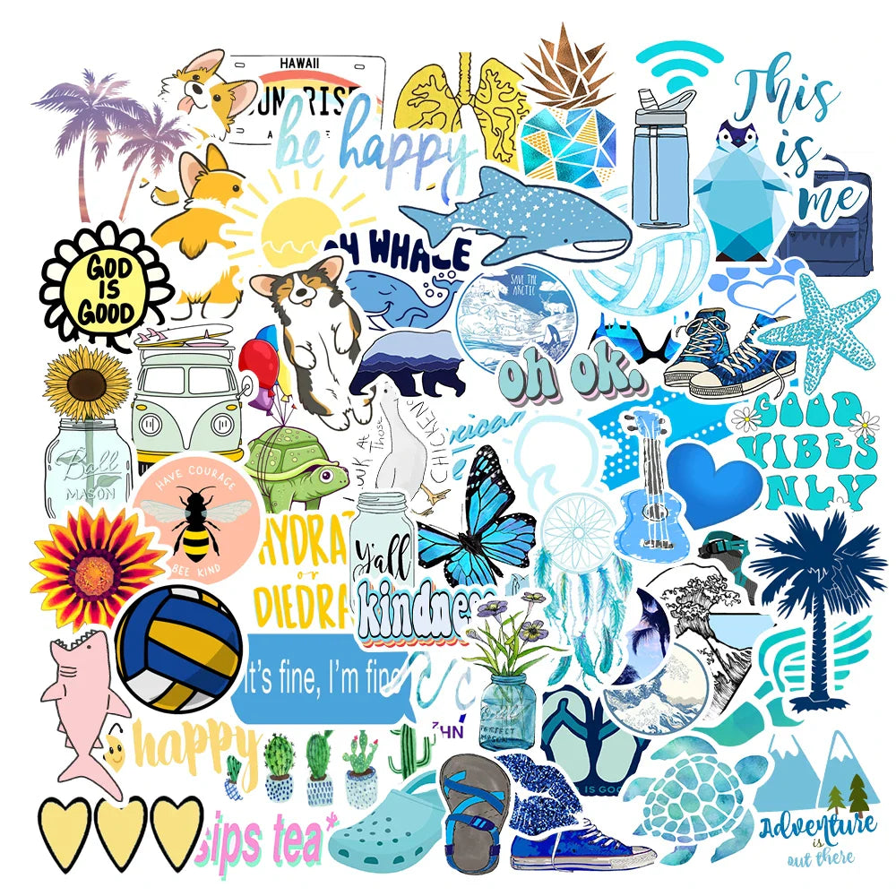 150pcs Pack Blue Pink Vsco Style Stickers For Skateboard Guitar WaterBottle Motorcycle Laptop Waterproof  kids Teens Sticker Toy (ONLINE ORDER ONLY)