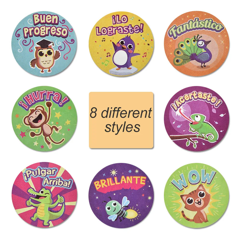 100-500pcs Spanish Reward Stickers Encouragement Sticker Roll For Kids Motivational Stickers With Cute Animals For Students (ONLINE ORDER ONLY)