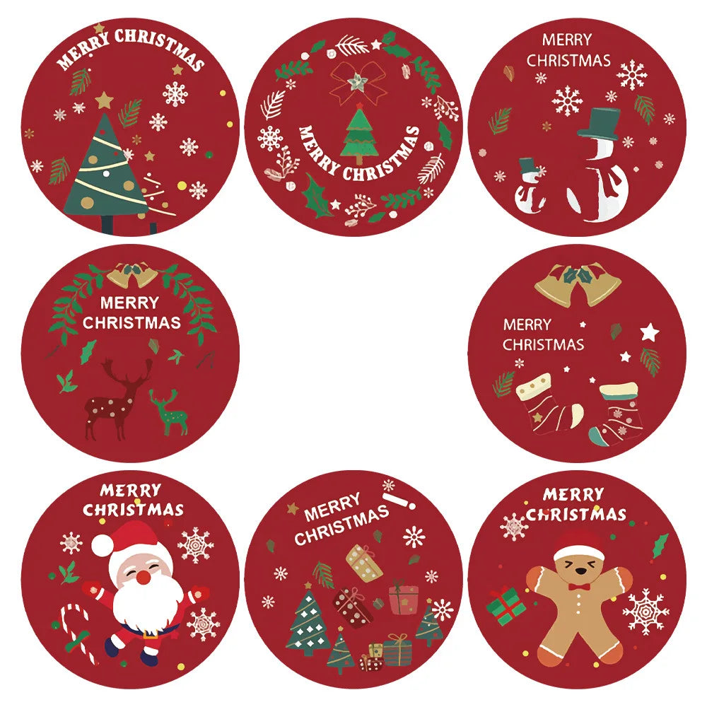 100-500Pcs Christmas Gift Box Round Labels Christmas Sticker Candy Bag Flower Gift Box Cake Boxes Packaging New Year Stickers (ONLINE ORDER ONLY)