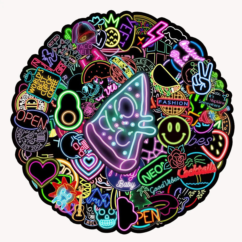 Cartoon Neon Graffiti Stickers Waterproof DIY Car Phone Laptop Luggage Bike Guitar Kids Toys (Online Order Only)
