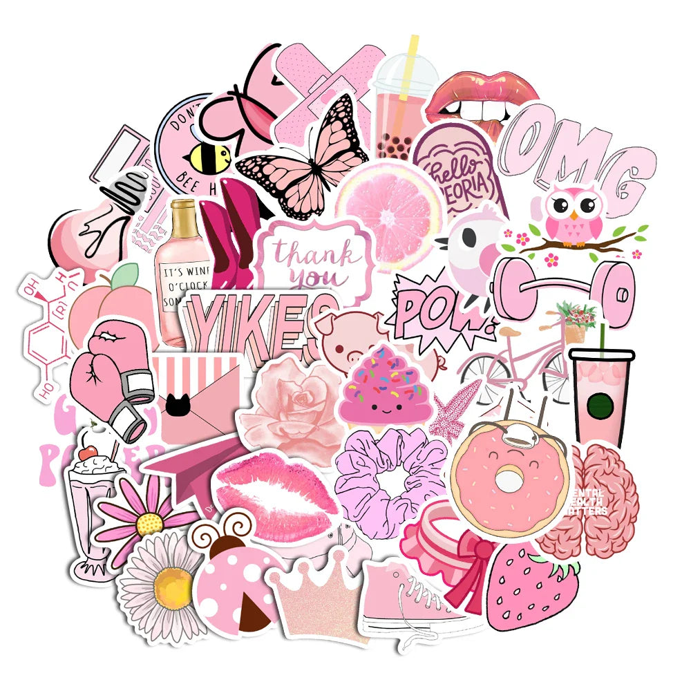 50PCS Cartoon Pink INS Style Vsco Girl Stickers For Laptop Moto Skateboard Luggage Refrigerator Notebook Laptop Toy Sticker (Online Order Only)