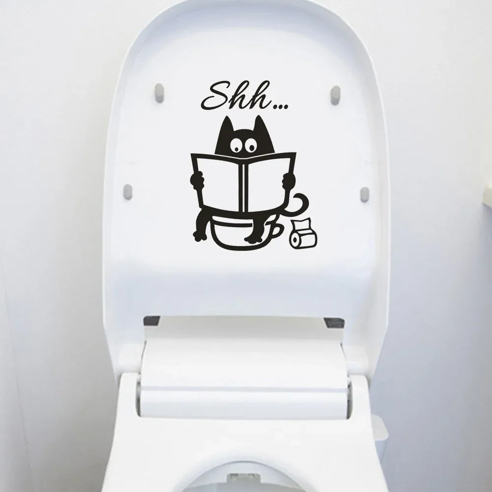 Cute Cartoon Cat Shh Toilet Stickers Diy Bathroom Door Toilet Seat Decorative Decal Funny Decor Poster Removable Vinyl Mural Art (Online Order Only)