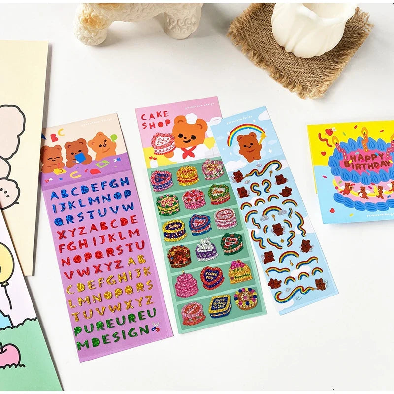 Ins Cute Cake Letter Bear Ribbon Laser Stickers Scrapbooking Decorative Sticker Korean DIY Diary Album Stick Label (Online Order Only)