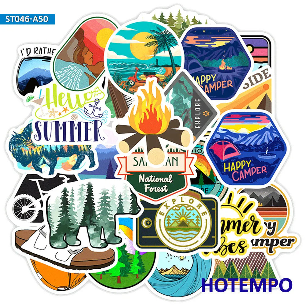 50pcs Travel Hiking Outdoor Surfing Wild Adventure Outside Camping Decal Stickers Pack for Phone Laptop Luggage Bike Car Sticker (ONLINE ORDER ONLY)