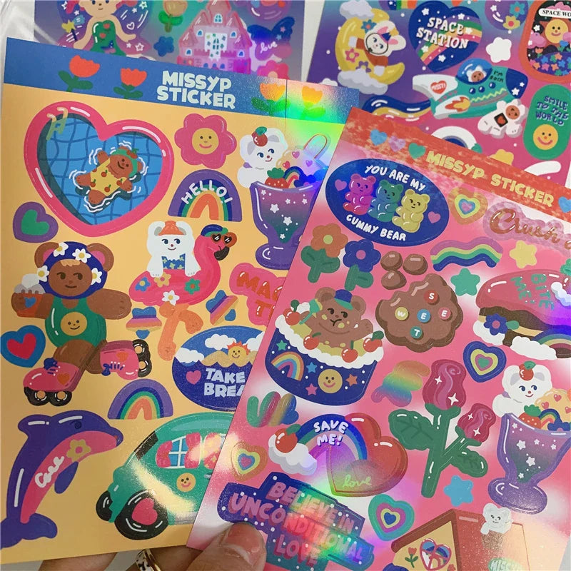 Ins Retro Cartoon Bear Laser Sticker Scrapbooking Decorative Sticker DIY Diary Album Stick Label Korean Kawaii Stationery (ONLINE ORDER ONLY)