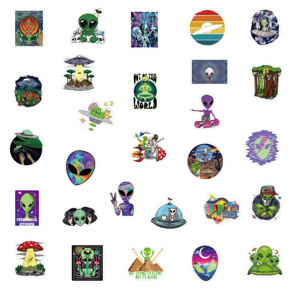 10/30/50pcs Psychedelic Alien Cool Graffiti Stickers Decals Kids Toy Luggage Laptop Phone Guitar Car Wall DIY Waterproof Sticker (Online Order Only)