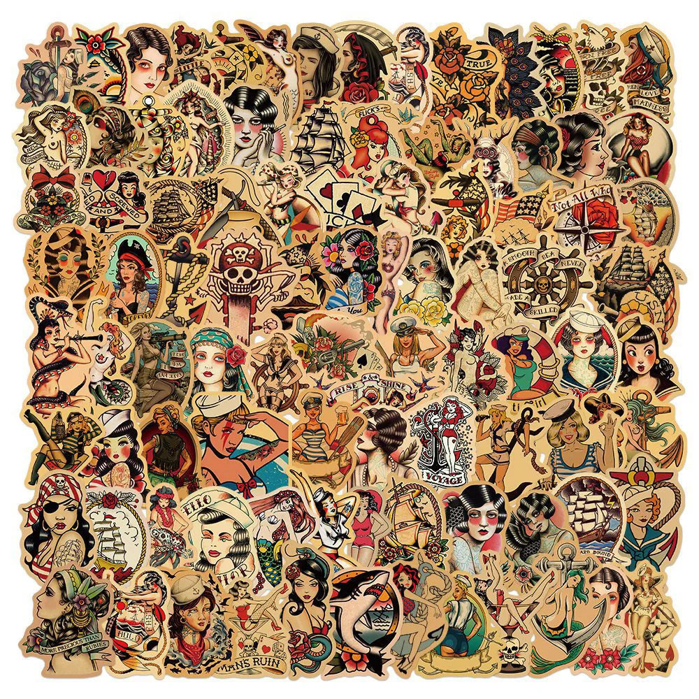 10/30/50/100pcs Retro Old School Tattoo Style Stickers  Skateboard Car Phone Bike Laptop Luggage Sexy Girl Waterproof Sticker (ONLINE ORDER ONLY)
