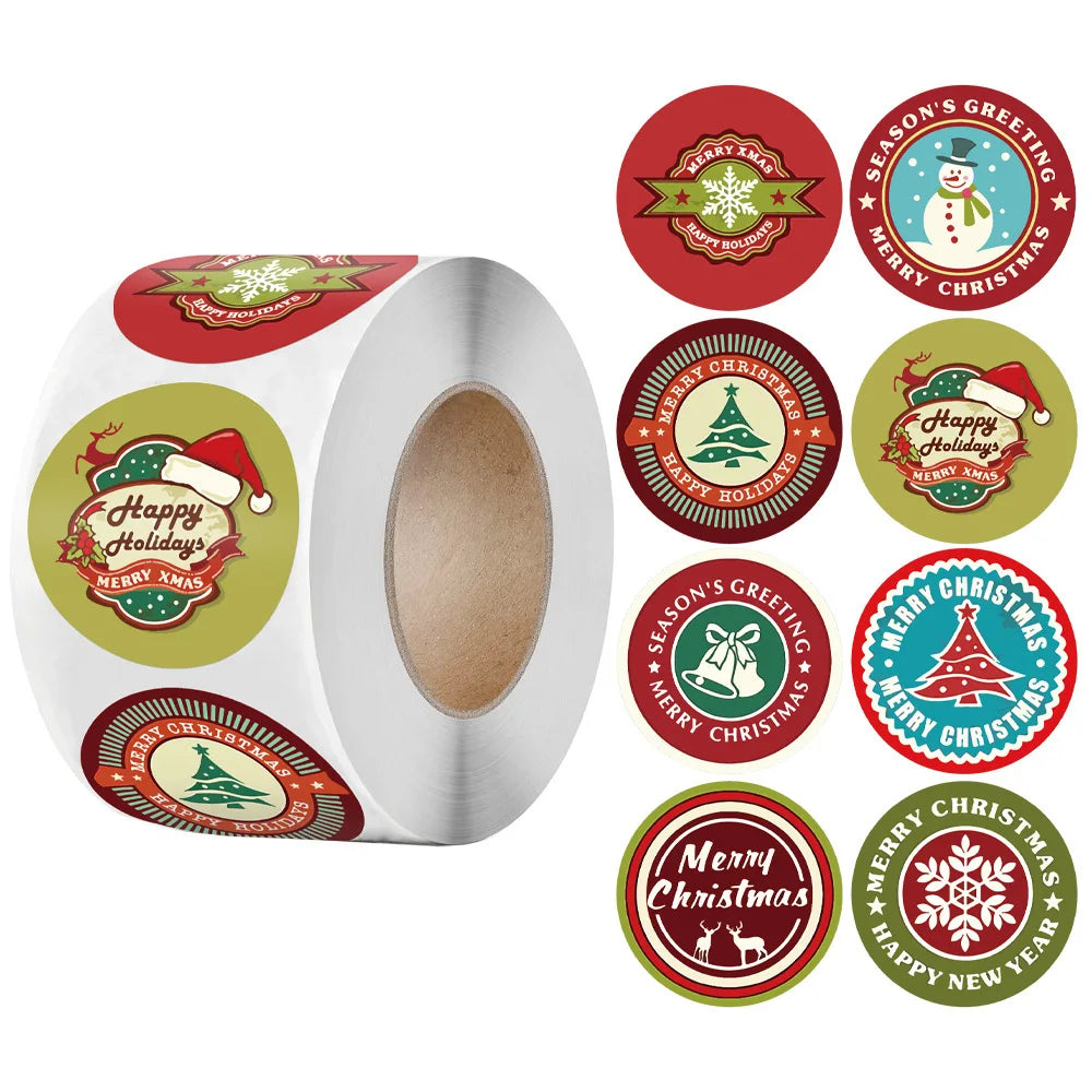 100-500Pcs Christmas Gift Box Round Labels Christmas Sticker Candy Bag Flower Gift Box Cake Boxes Packaging New Year Stickers (ONLINE ORDER ONLY)
