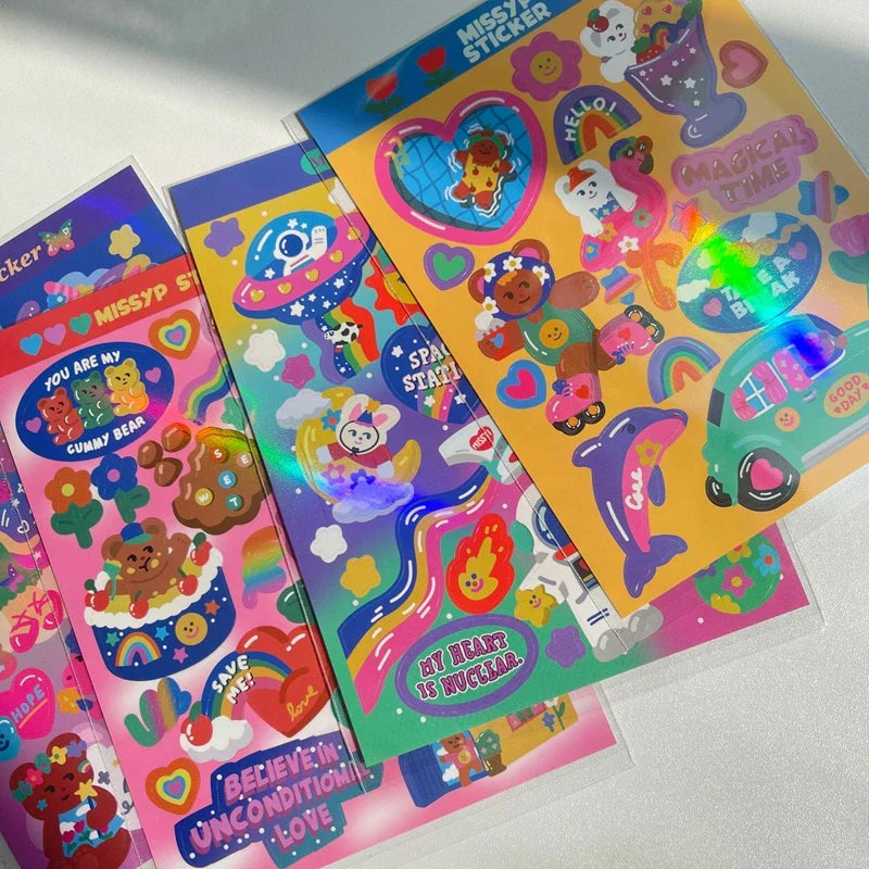 Ins Retro Cartoon Bear Laser Sticker Scrapbooking Decorative Sticker DIY Diary Album Stick Label Korean Kawaii Stationery (ONLINE ORDER ONLY)