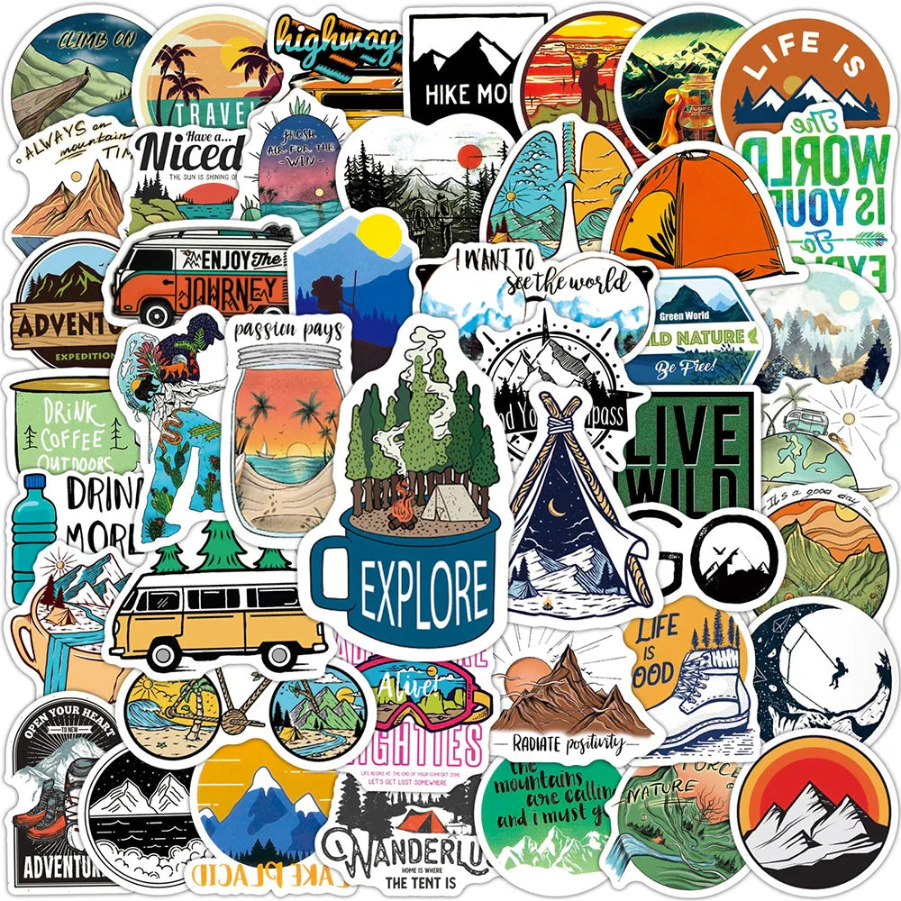 Outdoor Mountain Climbing Stickers - Waterproof Decals for Laptop, Guitar, Luggage, Kids - 10/50/100PCS (Online Order Only)