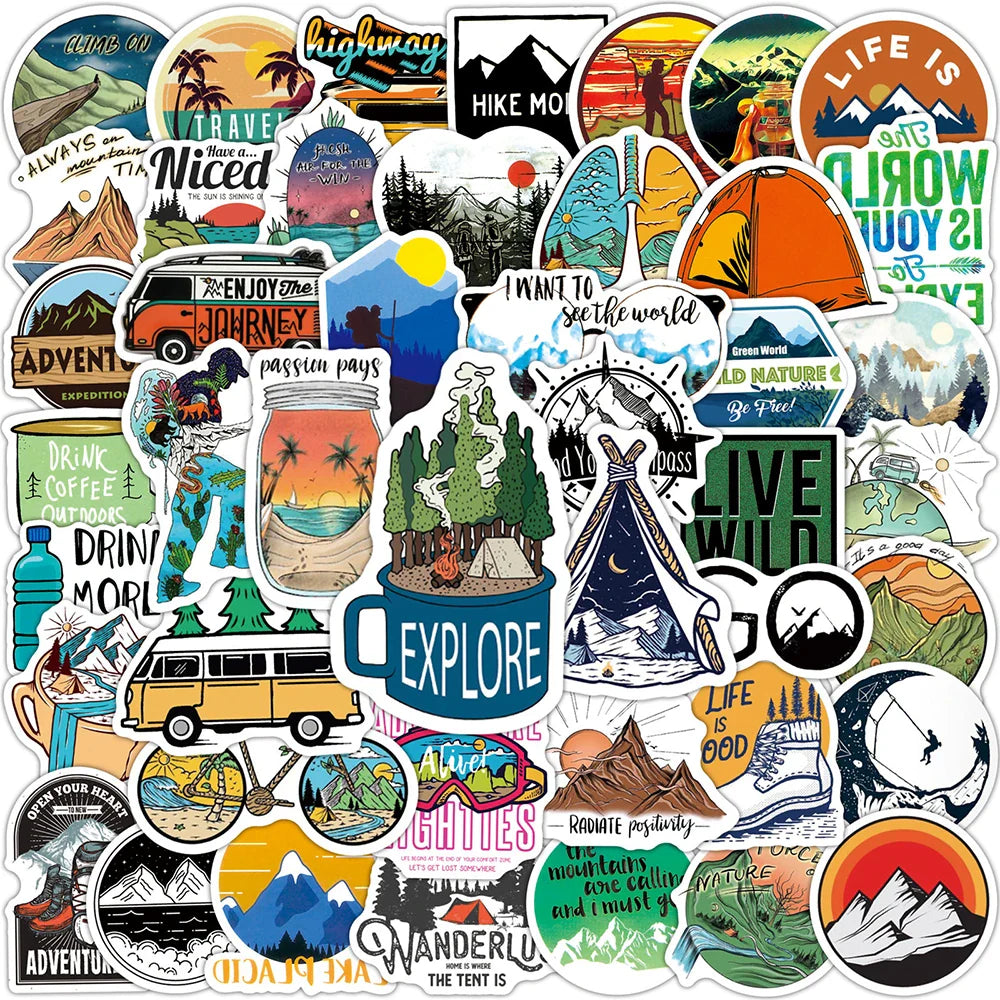 Outdoor Mountain Climbing Stickers - Waterproof Decals for Laptop, Guitar, Luggage, Kids - 10/50/100PCS (Online Order Only)