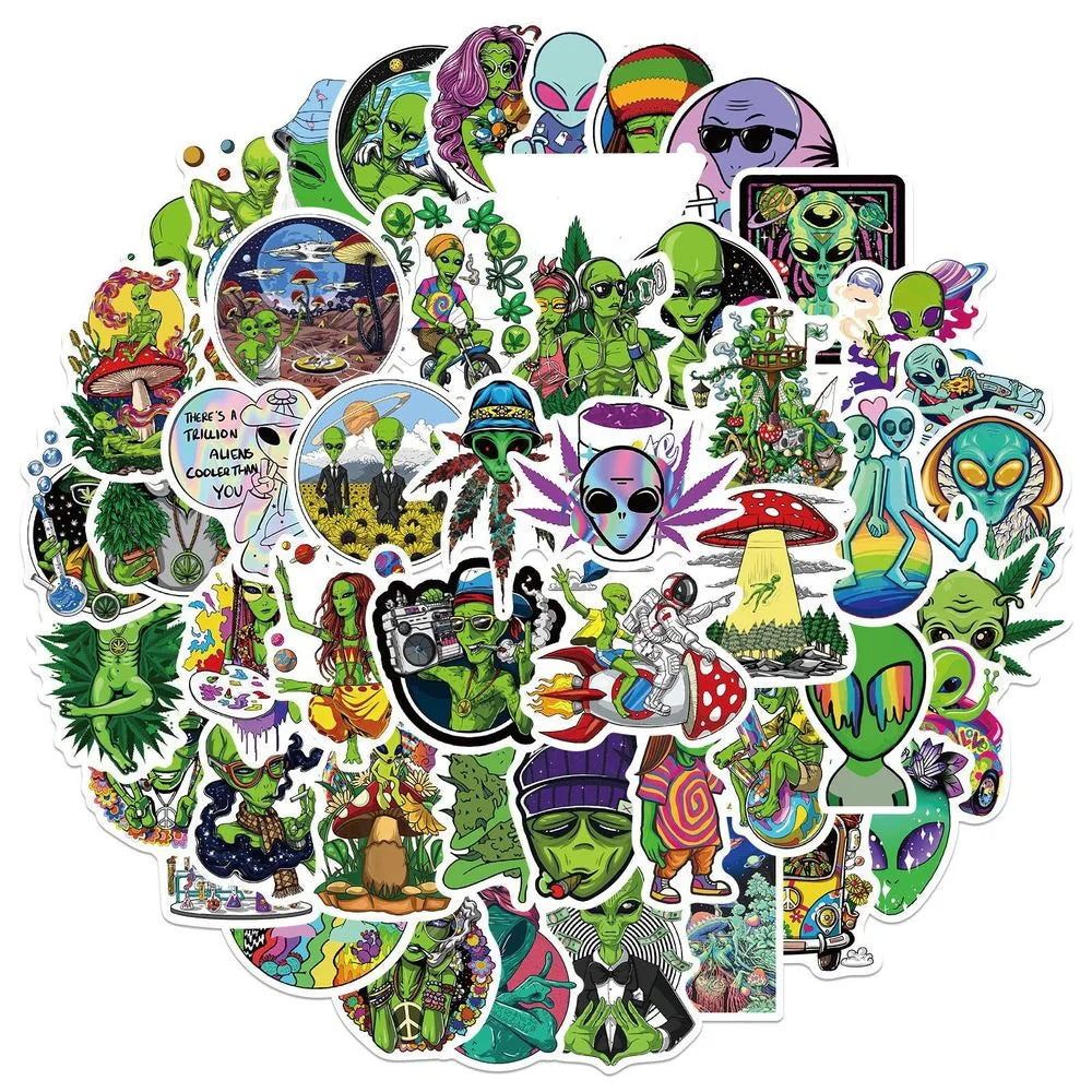 10/50PCS Weed Alien Sticker Psychedelic Funny Characters Leaves Graffiti Stickers Bike Travel Luggage Guitar Laptop Cool Sticker (Online Order Only)