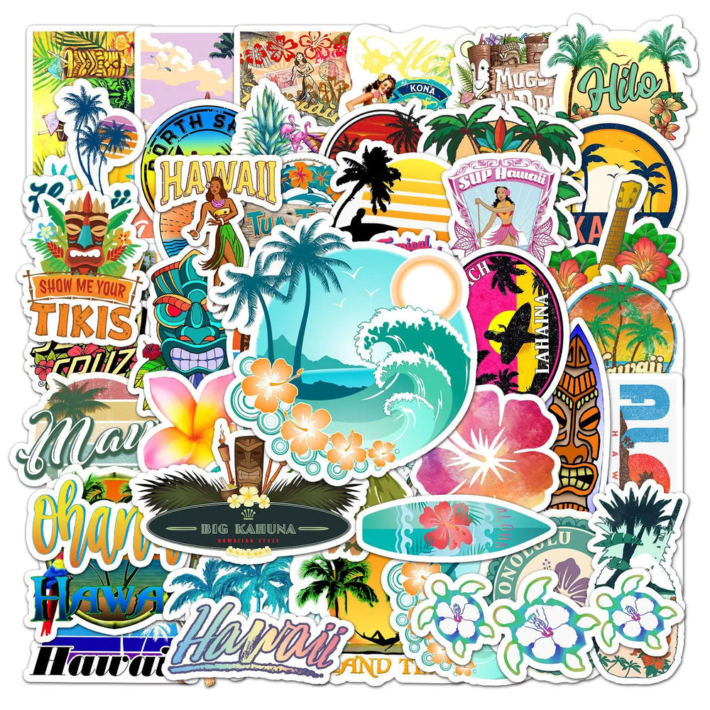 10/30/50PCS Outdoor Hawaii Surfing Stickers Summer Tropical Beach Surfing Waterproof DIY Surfboard Car Skateboard Decal Sticker (ONLINE ORDER ONLY)