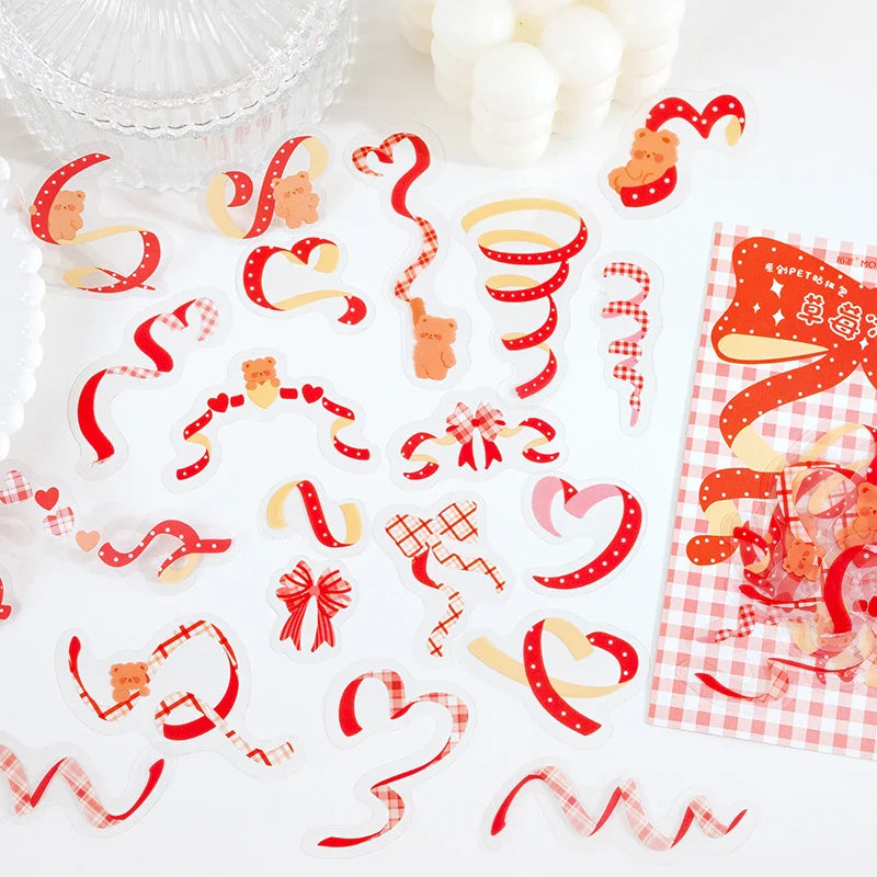 40Pcs/pack Heart Ribbon Series Stickers Hand Account Scrapbooking Decorative Sticker Korean DIY Material Stickers Stationery (ONLINE ORDER ONLY)