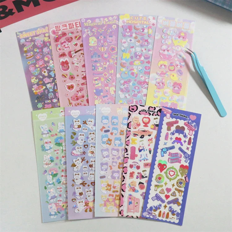 Cute ins Bear Rabbit Laser Sticker Scrapbooking Decorative Sticker Korean Hand Account DIY Diary Album Stick Label Stationery (Online Order Only)