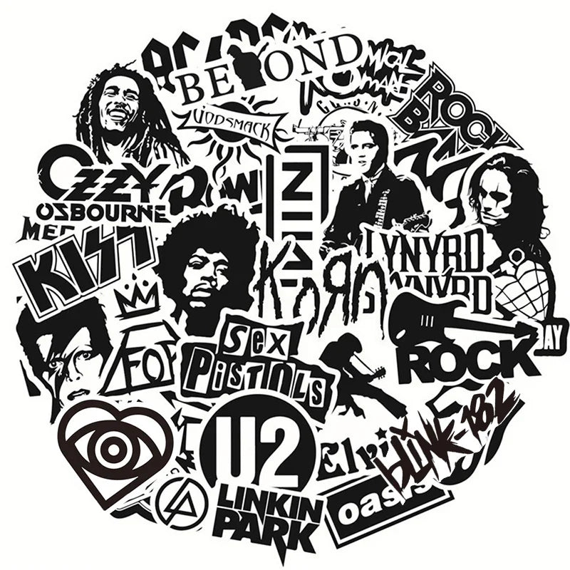 10/30/50Pcs Black and White Rock Band Stickers DIY Waterproof Skateboard Guitar Motorcycle Luggage Graffiti Cool Sticker Kid Toy (Online Order Only)