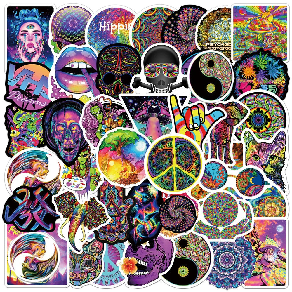 10/30/50PCS Psychedelic Cool Laser Style Fashion Street Art Graffiti Stickers Aesthetic Skateboard Laptop Sticker Decal Kid Toy (ONLINE ORDER ONLY)