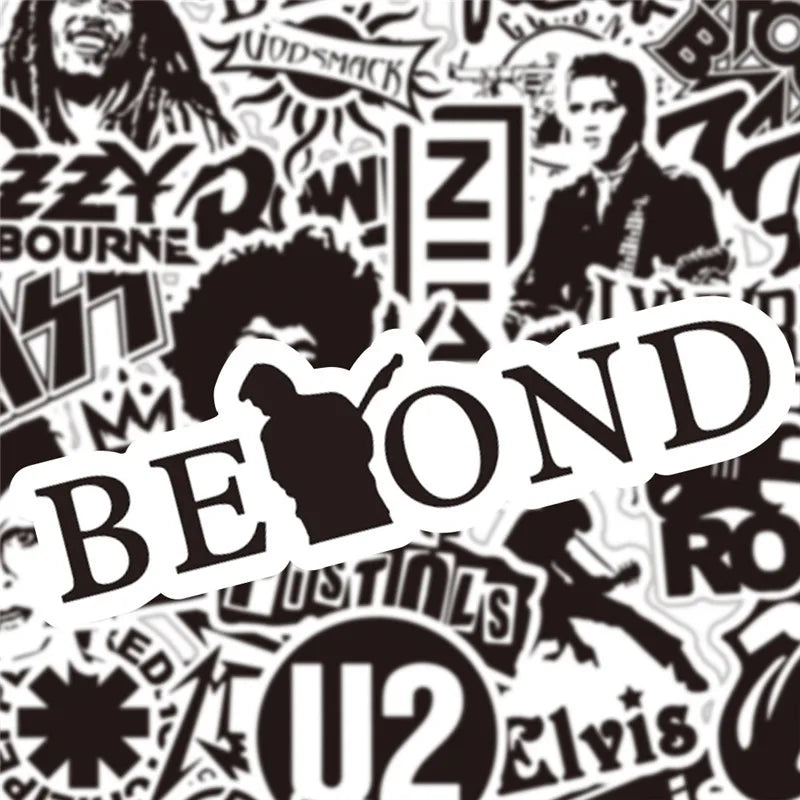 10/30/50Pcs Black and White Rock Band Stickers DIY Waterproof Skateboard Guitar Motorcycle Luggage Graffiti Cool Sticker Kid Toy (Online Order Only)