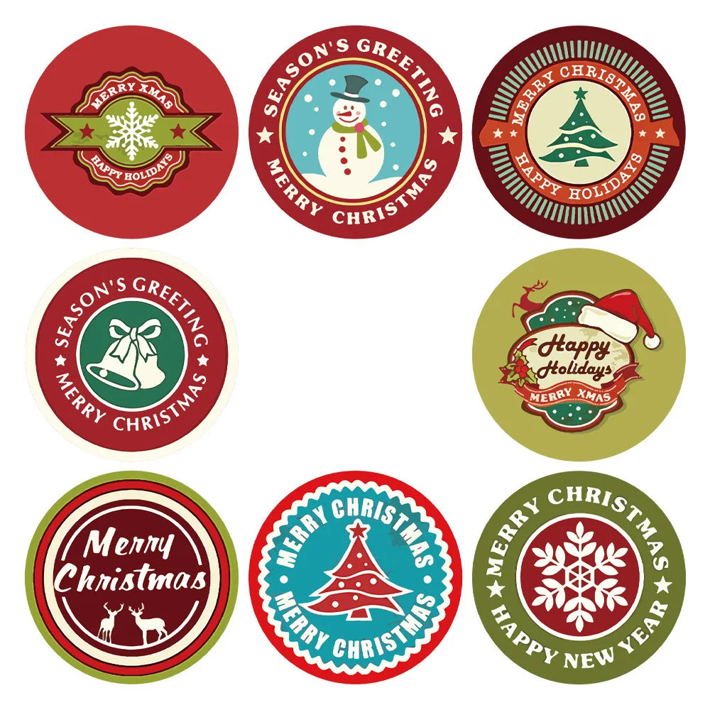 100-500Pcs Christmas Gift Box Round Labels Christmas Sticker Candy Bag Flower Gift Box Cake Boxes Packaging New Year Stickers (ONLINE ORDER ONLY)