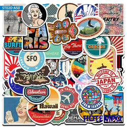 50Pieces Cultural Symbols Logo Retro Travel Style Stickers for Scrapbook Phone Laptop Luggage Guitar Motorcycle Car Sticker Toys (ONLINE ORDER ONLY)