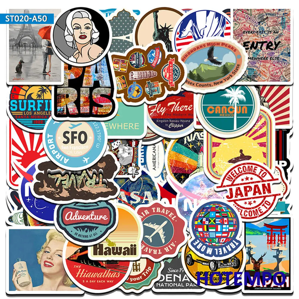 50Pieces Cultural Symbols Logo Retro Travel Style Stickers for Scrapbook Phone Laptop Luggage Guitar Motorcycle Car Sticker Toys (ONLINE ORDER ONLY)