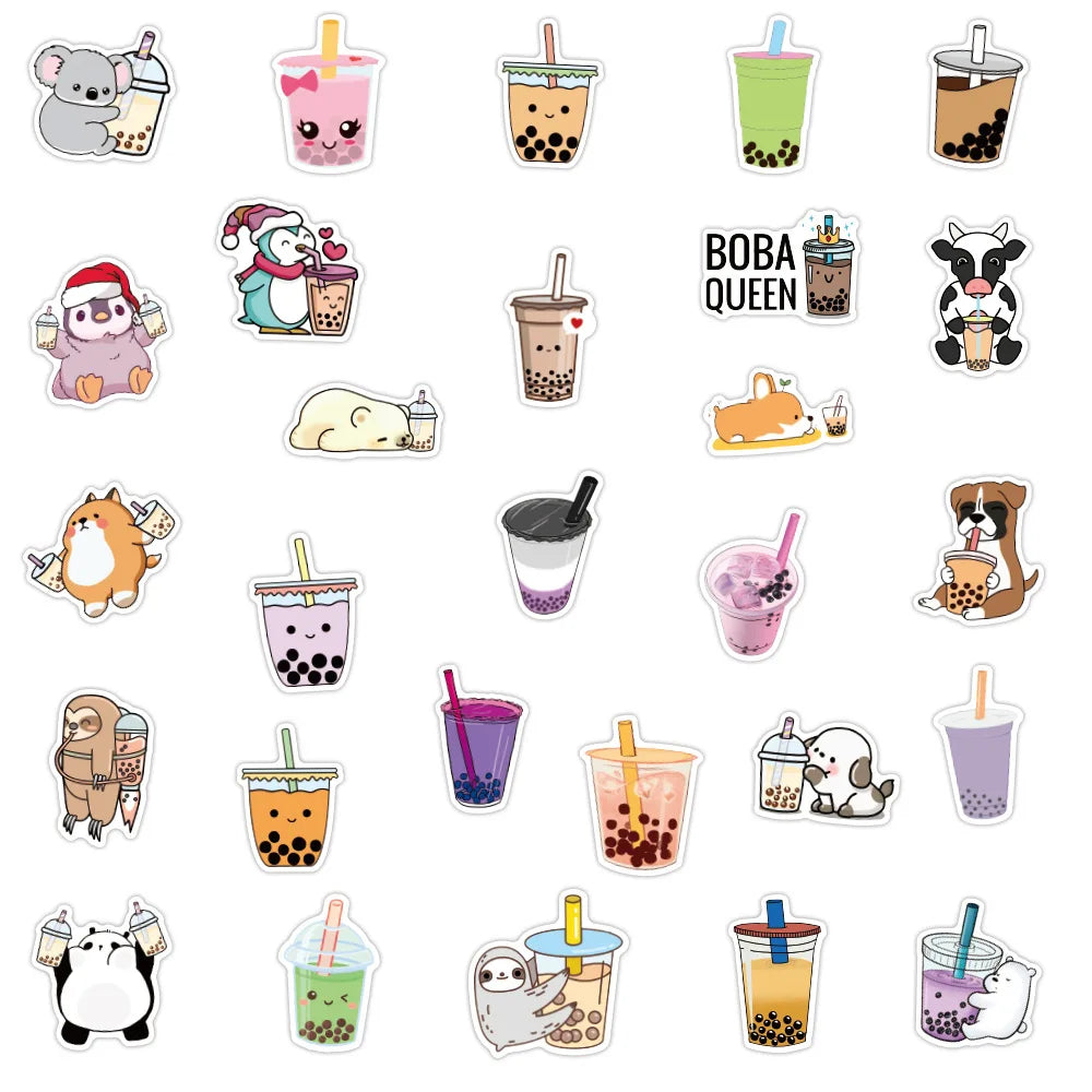 10/30/50/100pcs Bubble Tea Kawaii Stickers Aesthetic Decorative Water Bottle Scrapbooking Guitar Laptop Cute Cartoon Kids Decal (Online Order Only)