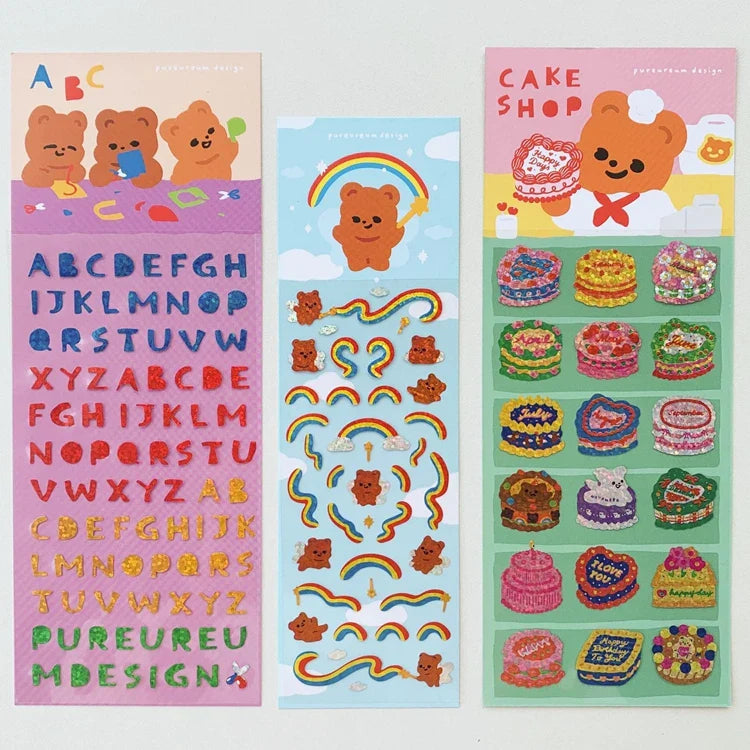 Ins Cute Cake Letter Bear Ribbon Laser Stickers Scrapbooking Decorative Sticker Korean DIY Diary Album Stick Label (Online Order Only)