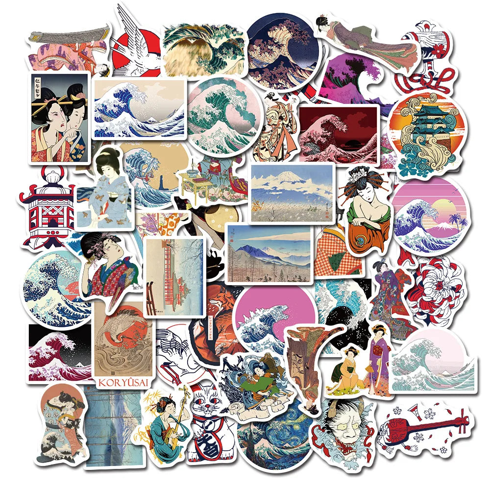 50PCS Vintage Sea Wave Stickers Ukiyo-e Art for Laptop Guitar Stationery Decals (ONLINE ORDER ONLY)