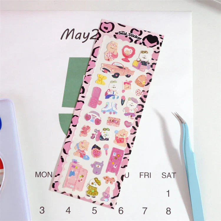 Cute ins Bear Rabbit Laser Sticker Scrapbooking Decorative Sticker Korean Hand Account DIY Diary Album Stick Label Stationery (Online Order Only)