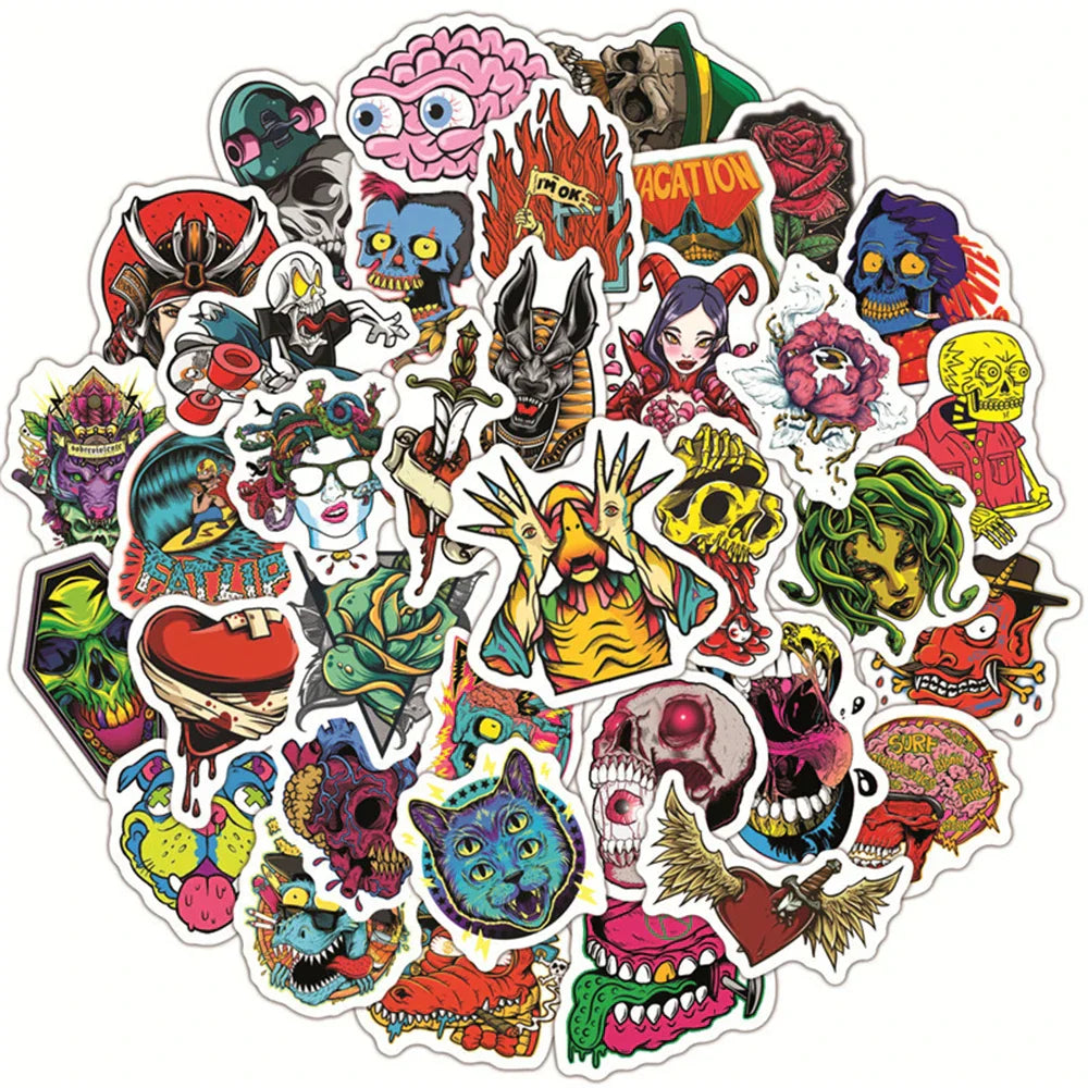 Gothic Skull Stickers: 10/30/50pcs Waterproof Decals for Guitar, Laptop, Skateboard, Luggage, Phone (ONLINE ORDER ONLY)
