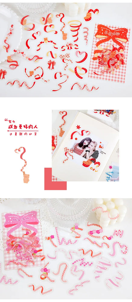 40Pcs/pack Heart Ribbon Series Stickers Hand Account Scrapbooking Decorative Sticker Korean DIY Material Stickers Stationery (ONLINE ORDER ONLY)