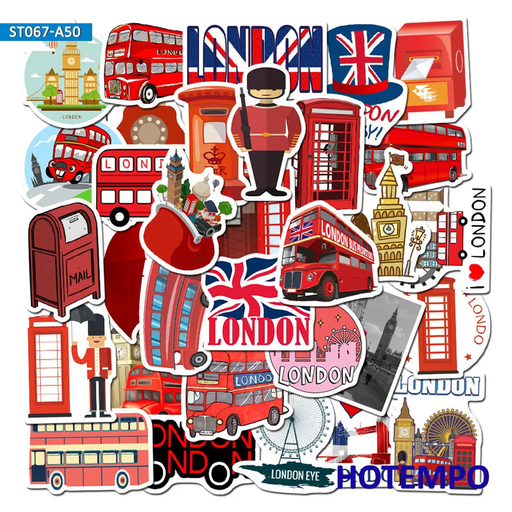 50pcs Red London Cultural Landmark Travel Style Cartoon Decal Stickers Pack for KIds DIY Stationery Phone Laptop Luggage Sticker (Online Order Only)
