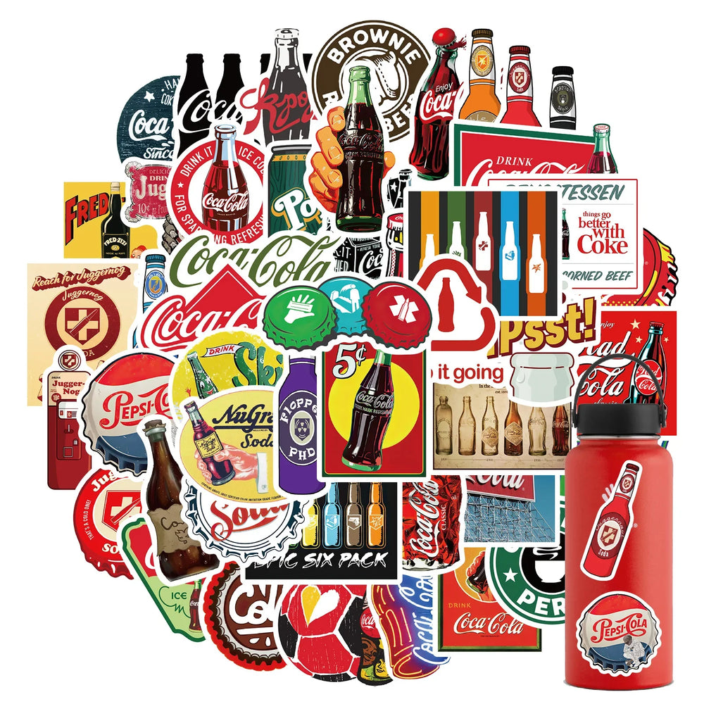10/30/50Pcs Retro Cartoon Cola Bottle Stickers For Fans Laptop Graffiti Suitcase Waterproof Decoration Toy Decal (ONLINE ORDER ONLY)