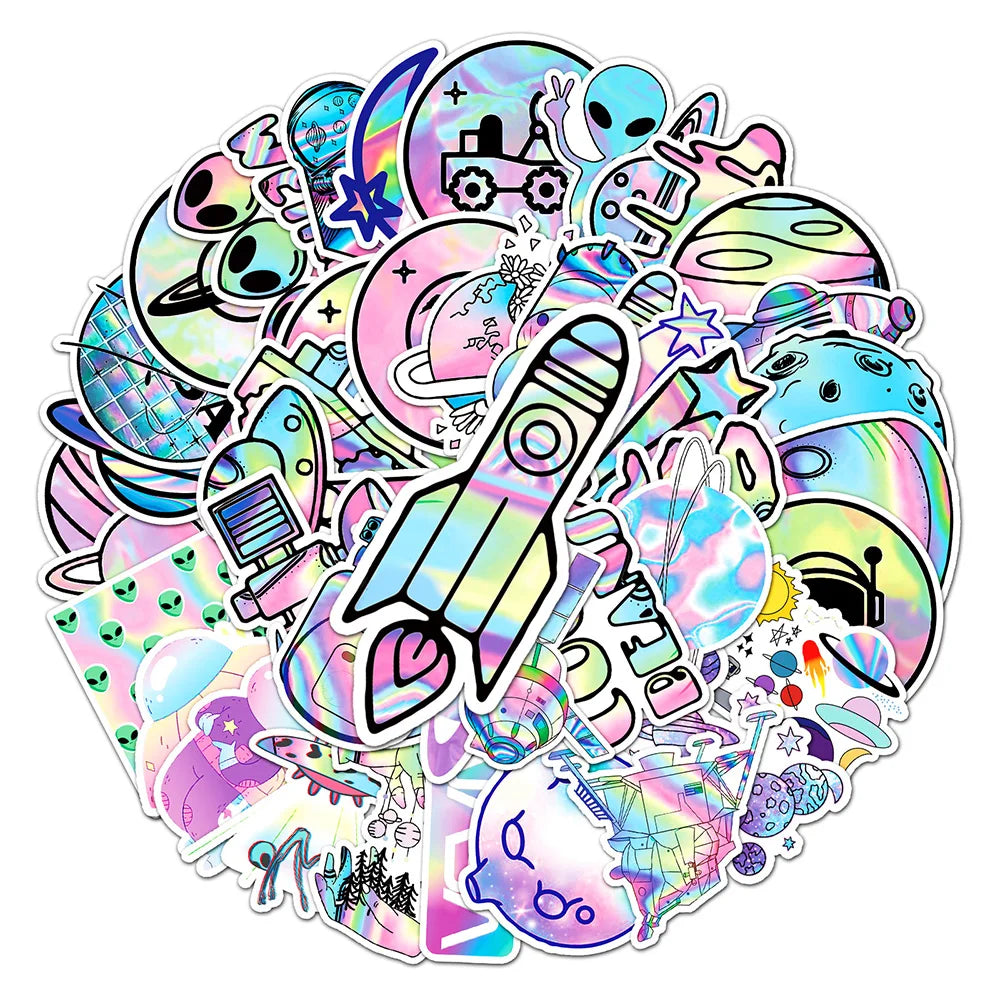 Laser Alien Space Stickers - 10/30/50PCS for Laptop, Luggage, Skateboard, DIY Decals (Online Order Only)