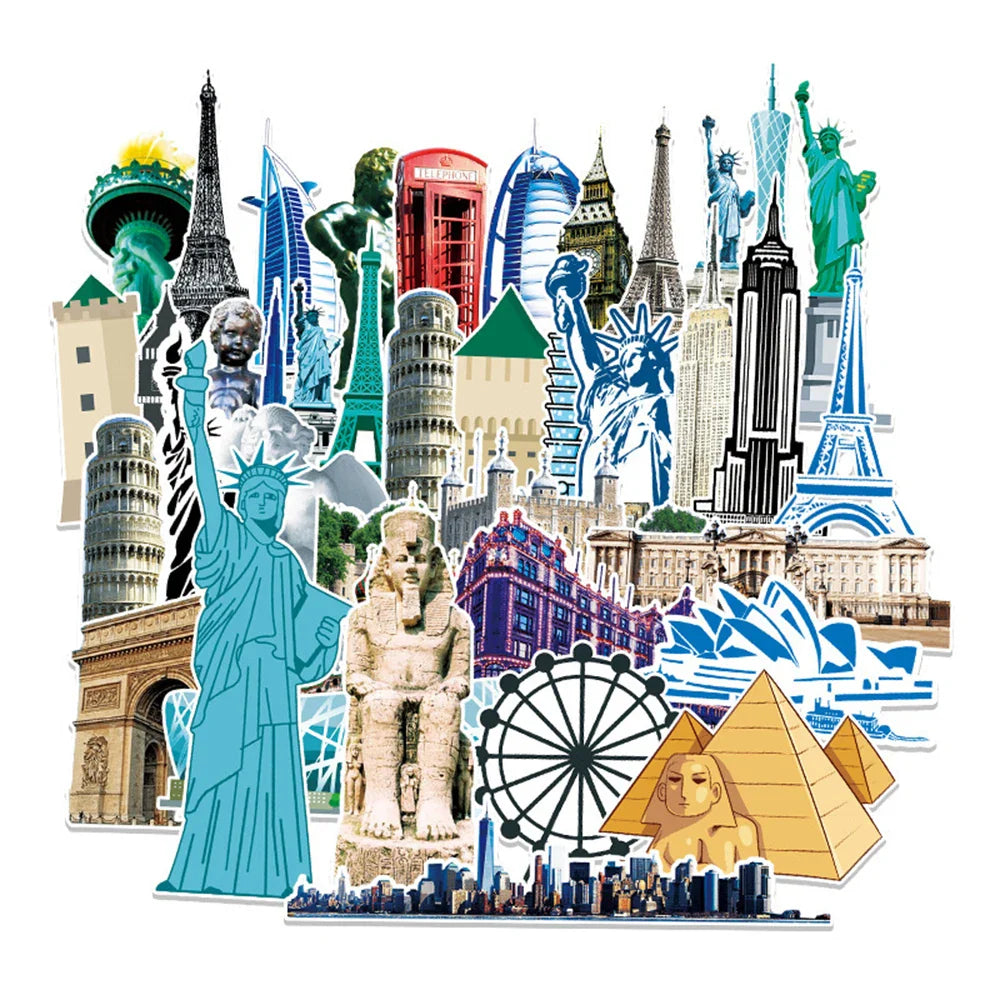 World Landmark Stickers Decal Set for Luggage, Laptop, Guitar, Skateboard, Car (Online Order Only)