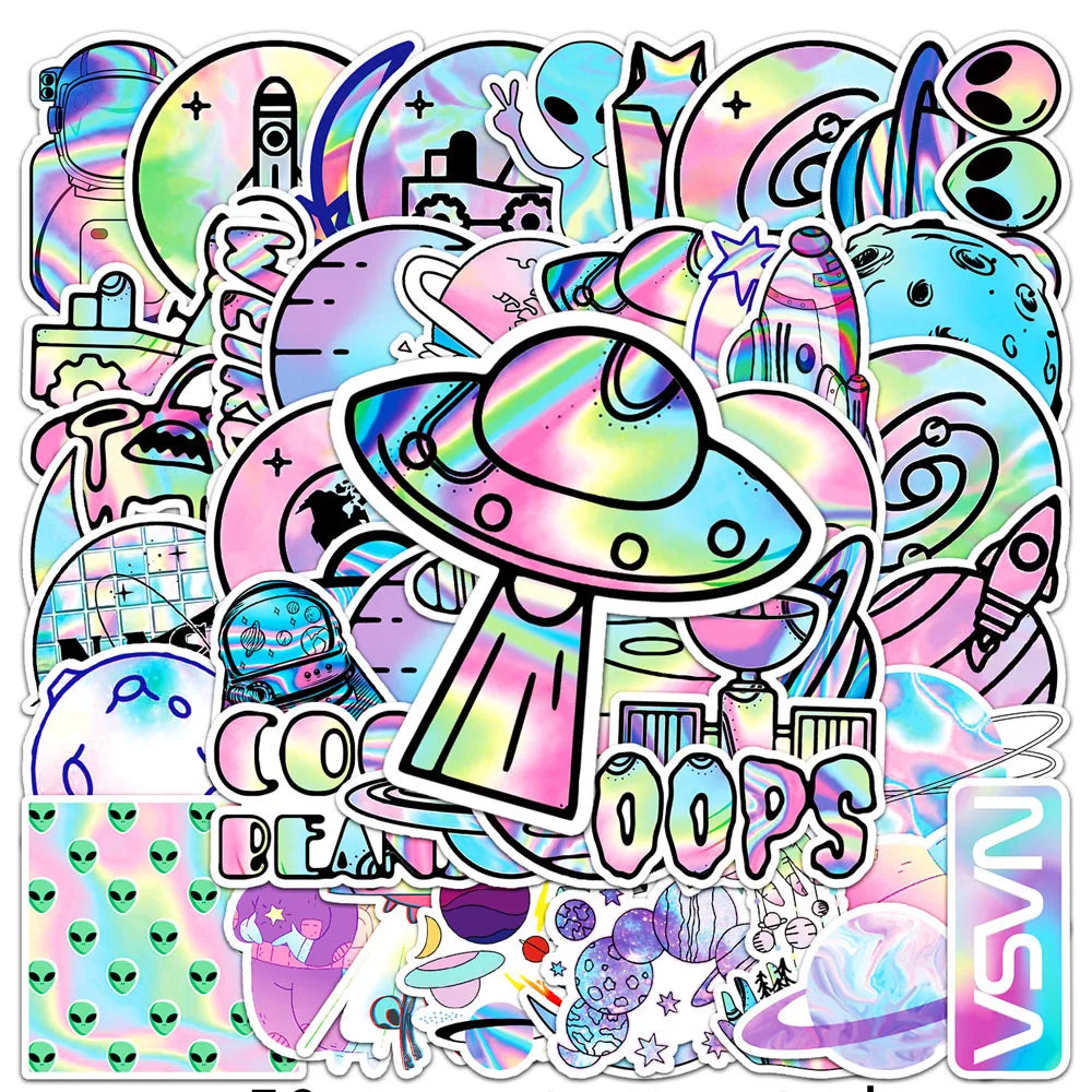 Holographic Alien Space Stickers for Laptop, Luggage, Skateboard, Phone - 10/30/50pcs (Online Order Only)