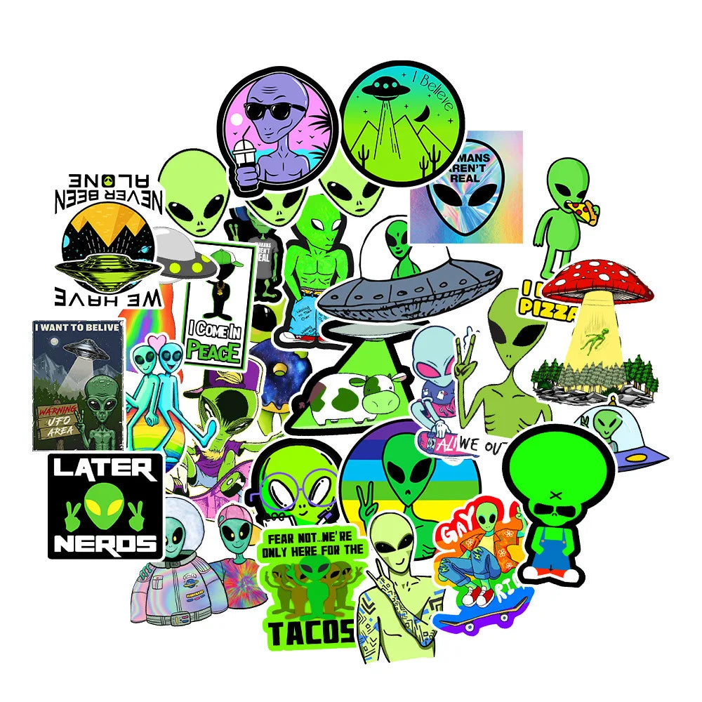 10/30/50PCS Alien UFO Anime Stickers Laptop Guitar Luggage Fridge Phone Bike Waterproof Graffiti Sticker Decal Kid Classic Toys (ONLINE ORDER ONLY)