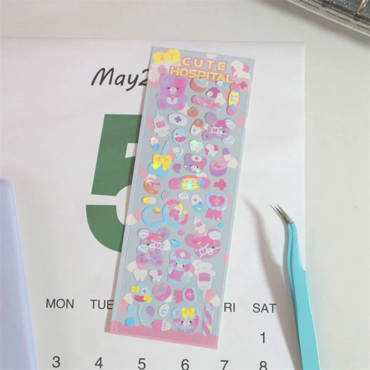Cute ins Bear Rabbit Laser Sticker Scrapbooking Decorative Sticker Korean Hand Account DIY Diary Album Stick Label Stationery (Online Order Only)