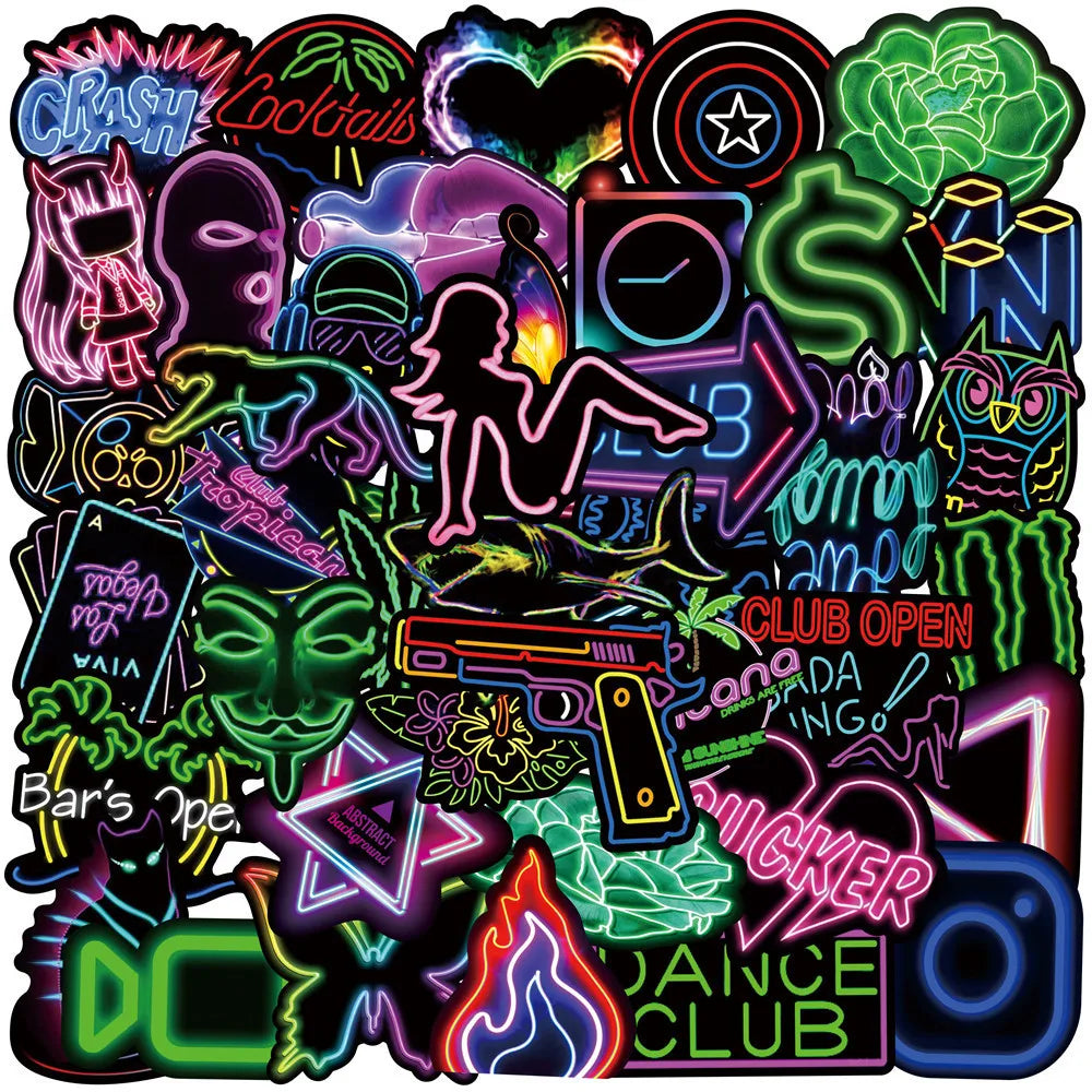 50PCS Cute Anime Animal Neon Stickers for Laptop Phone Guitar Fridge Car (Online Order Only)