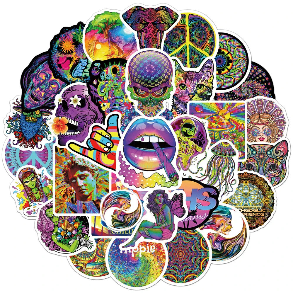 10/30/50PCS Psychedelic Cool Laser Style Fashion Street Art Graffiti Stickers Aesthetic Skateboard Laptop Sticker Decal Kid Toy (ONLINE ORDER ONLY)