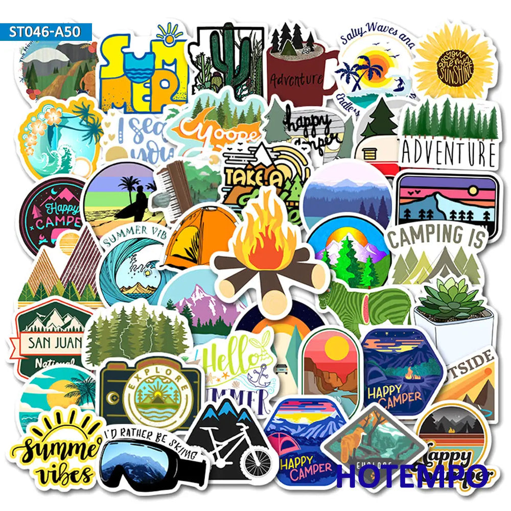50pcs Travel Hiking Outdoor Surfing Wild Adventure Outside Camping Decal Stickers Pack for Phone Laptop Luggage Bike Car Sticker (ONLINE ORDER ONLY)