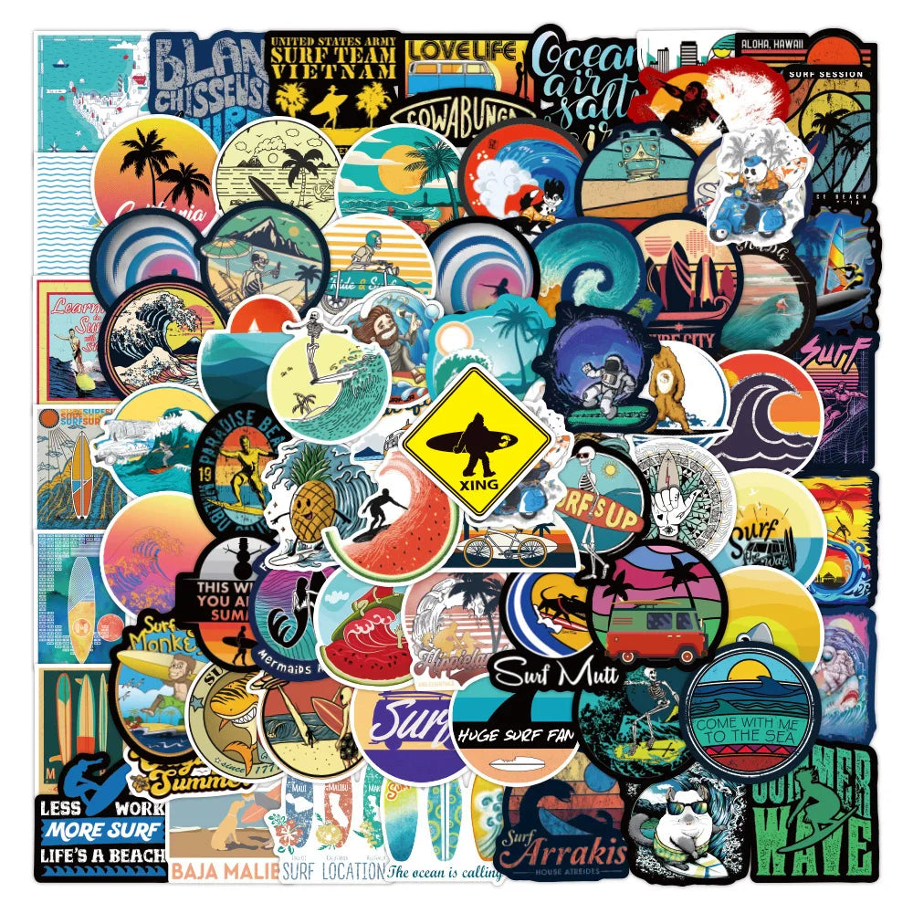 Cool Summer Beach Surf Stickers for Surfboard, Suitcase, Phone, Laptop, Luggage, Car, Water Bottle - 10/30/50/100PCS Decals (Online Order Only)