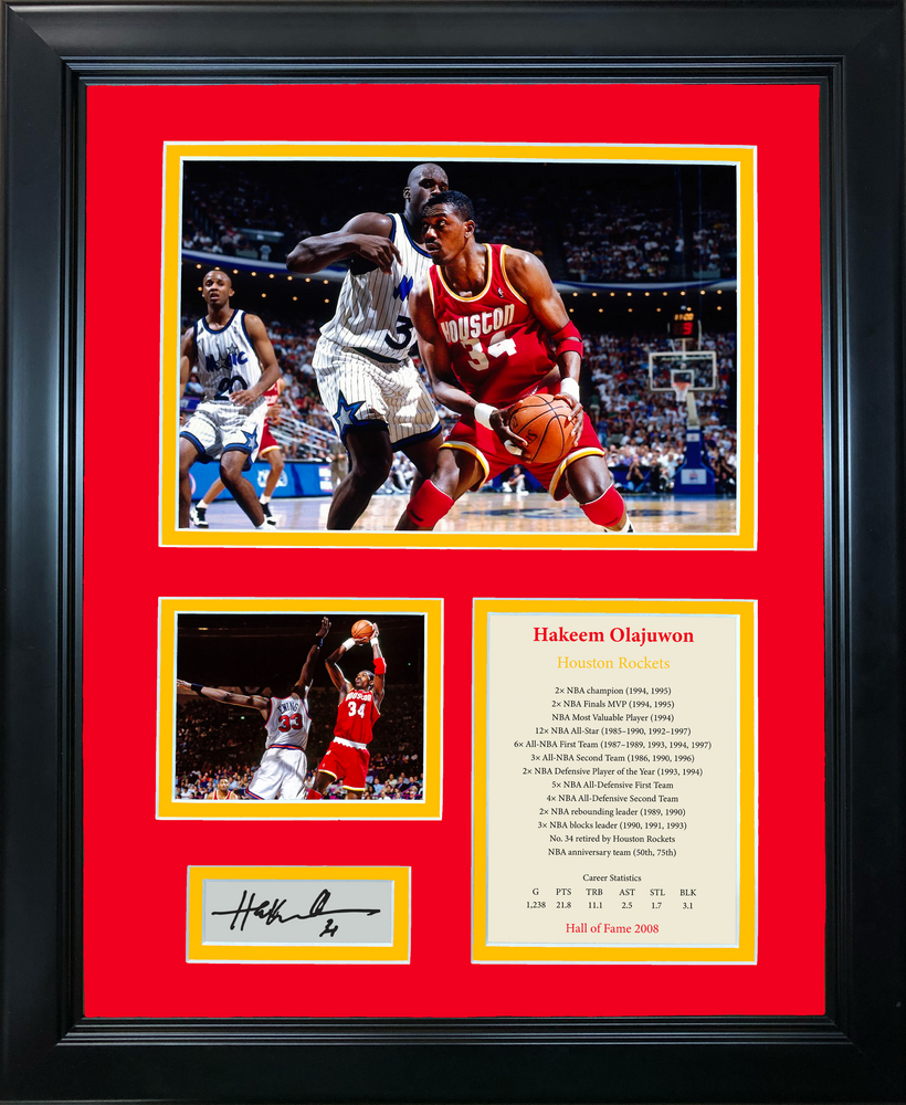 Framed Hakeem Olajuwon Hall of Fame Facsimile Laser Engraved Signature Auto Houston Rockets Basketball 11"x14" Photo Sig Collage (ONLINE ORDER ONLY)